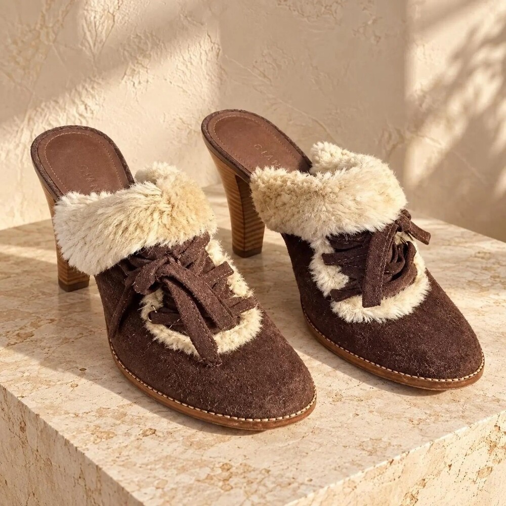 Gianni Bini brown suede furry mule heels with tassel detail - Picture 1 of 5